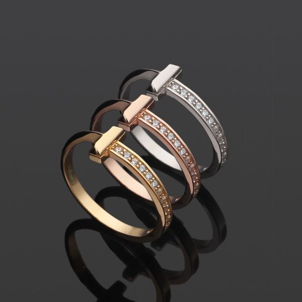 Nueva moda T LETRA T1 círculo lleno de diamantes anillo de mujer oro plata oro rosa anillo de bodas joyería de diseño TR-01