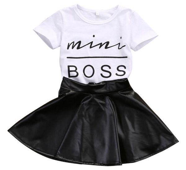 Nouvelle mode Toddler Kids Girl Clothes Set Summer Summer Sleeve Mini Boss Tshirt Tops Jupe en cuir 2pcs Tenue enfant Suit7650035