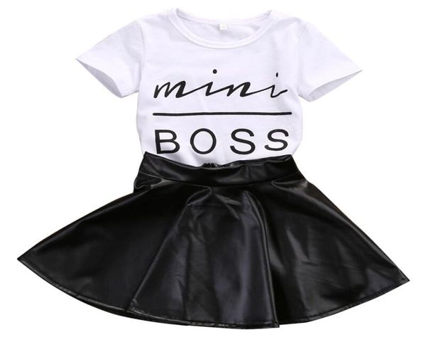 Nouvelle mode Toddler Kids Girl Clothes Set Summer Summer Sleeve Mini Boss Tshirt Tops Jupe en cuir 2pcs Tenue enfant Suit8270435
