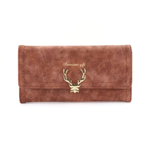 Nouvelle mode à la mode Cool PU portefeuille en cuir givré dames longue trois fois tête de cerf Multi carte position fermeture éclair boucle portefeuille pochette Purs