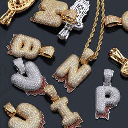 Nieuwe mode trendy geel goud iced out micropave zirkoon 26 bubble letters rotsachtige alfabet hanger kettingen voor mannen