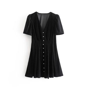 Nueva moda V-cuello manga corta botón de una sola fila vestido corto de terciopelo para mujeres de otoño en 210325