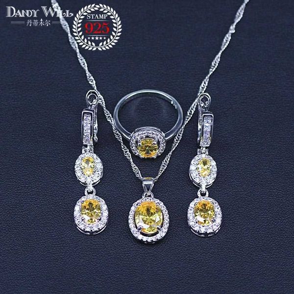 Nouvelle mode blanc et jaune cristal pierre couleur argent 3 pièces grands ensembles de bijoux ronds pour les femmes fête H1022