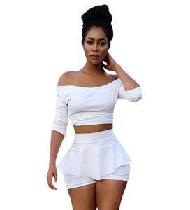 Nieuwe mode witte crop top en rokset halve mouw sexy 2 -delige set vrouwen slash nek bodycon tweedelige vrouw1119788