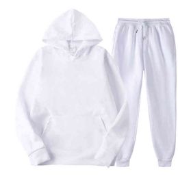 Nieuwe Mode Wit Spoor en Veld Sportkleding Hoodies Broek Casual Solid Color Serie Trainingspakken Mannen Vrouwen Paar Hoodie Suits Y220420