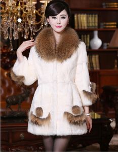 Nieuwe mode winter vrouwen echte wasbeer bontkraag negenth mouw natuurlijke konijn furluxury medium lange jas casacos plus size xxl