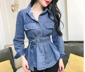 Nouvelle mode femmes col rabattu design coréen manches longues ceintures lâches asymétrique denim jeans blouse chemise grande taille ML
