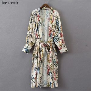 Nueva moda mujer banboom flor estampado largo kimono chaqueta con fajas damas otoño diseño lateral split streetwear tops Y201001