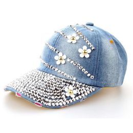 Berretto da baseball con strass lavato denim da donna di nuova moda con jeans floreali Simulazione con diamanti Cappelli con snapback Cappelli Hip Hop265o