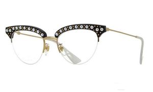 Nieuwe mode dames designer optische bril 0213half frame charmant cat eye frame met parel en klinknagels heldere lens topkwaliteit