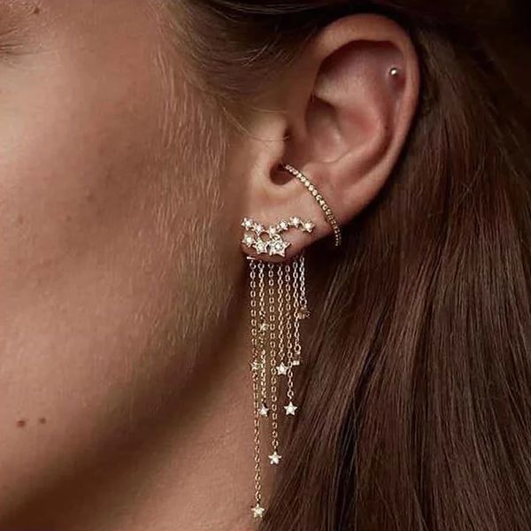 Nouvelle mode femmes boucles d'oreilles élégant couleur or/argent étoile rationalisée gland longues boucles d'oreilles en cristal femmes bijoux Pendante Femme