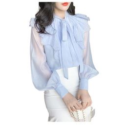 New Fashion Women Long à manches longues Lacing Col Collier Ruffles Patchwork Mariffon Desinger Shirt Plus Size Smlxlxxl Tops