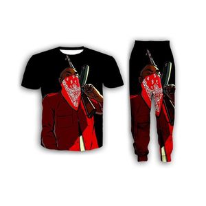 Nieuwe mode vrouwen / heren bloedbende grappige 3D print T-shirt / jogger broek / casusal trainingspak sets K08
