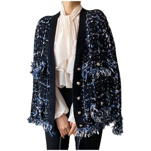Nieuwe mode dames herfst kleurblok kwastje fringe patchwork losse single breasted dikke trui vestiging jas