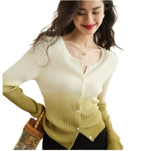 Nieuwe mode dames herfst o-neck single breasted gradiënt kleur mohair wollen draad gebreide slanke taille trui vidan smlxlxxl