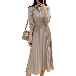 Nieuwe mode dames herfst solide kleur afslaan kraag met riem geplooide midi lange jurk sml
