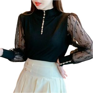 Chemise tricotée à manches en dentelle pour femmes, nouvelle mode d'automne, col montant, boutons de perles, patchwork, chemise tricotée, haut SML