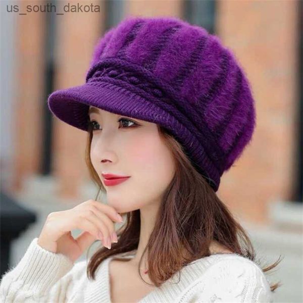 Nueva moda mujer boina sombreros pelo de conejo tejido mujer invierno cálido negro rojo púrpura gorra L230523