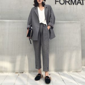 Costume deux pièces gris décontracté pour femmes, ample, à la mode, veste + pantalon, costumes formels d'affaires pour femmes