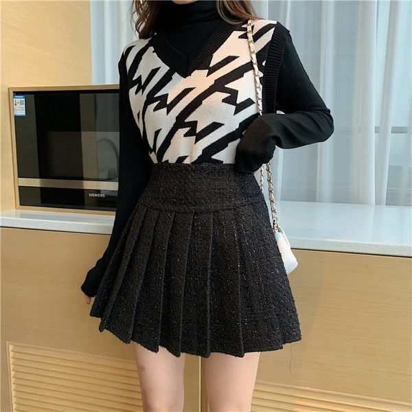 Nouvelle mode femmes taille haute plissé tweed tissu de laine a-ligne mignon collège style jupe courte plus la taille M L XL XXL 3XL 4XL