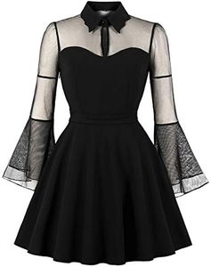 Nieuwe Mode Dames Keyhole Mesh Jurk Bell Lange Mouwen Gothic Cocktail Vintage Jurk