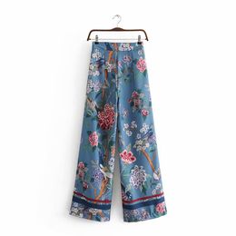 Nieuwe mode dames losse broek vogels bloemen print hoge taille wijde pijpen lange broek plus maat SMLXL