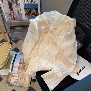 Nieuwe mode dames lente vetersluiting boog kraag lange mouwen organza stof borduurwerk bloem schattige blouse shirt MLXLXXL257J