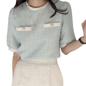 Nieuwe mode dames zomer herfst o-hals bladerdeeg korte mouw tweed wollen overhemd blouse tops