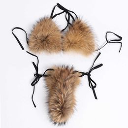 Nouvelle mode femmes Sexy fourrure de renard sous-vêtements soutien-gorge Bikini et diapositives ensemble