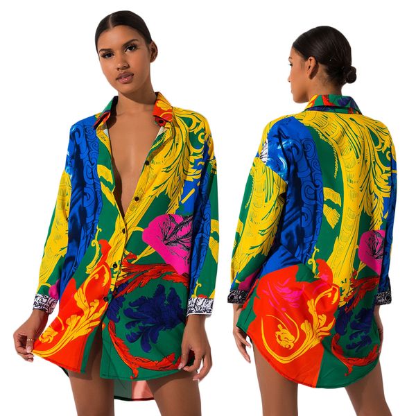 Nueva moda mujer camisa vestido de manga larga vestidos de diseñador vestidos coloridos pintados de una pieza ropa al por mayor