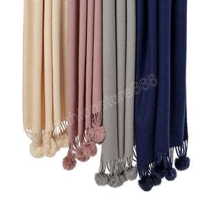 Nueva moda mujer invierno chal envuelve gruesa manta cálida bufanda piel de conejo sólido Pashmina Ponchos y capas Pom borla Echarpe