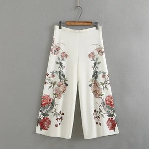 Nouvelle mode pour femmes pantalons capris lâches fleurs imprimées blanc couleur haute taille large jambe neuvième pantalon plus taille sml