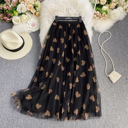 Nieuwe mode dames lente zomer elastische taille gaas gaas love hart print midi lange grote uitbreiding rok