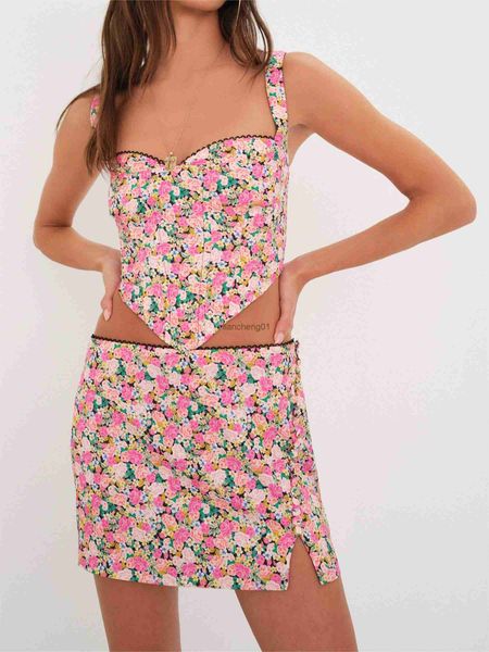 Nueva moda para mujer Trajes de verano de dos piezas Corsé floral Camisetas sin mangas y minifalda dividida Conjunto Club Street Style Venta caliente S M L L230619