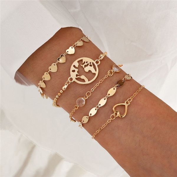 Nueva moda Mapa del mundo Pulseras Brazaletes Cadena de eslabones Joyería Color dorado Mujer Encanto Corazón Pulsera de cristal para mujeres