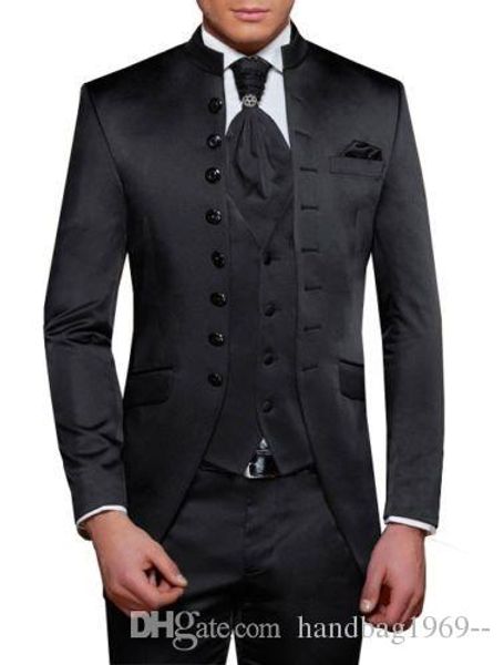 Nouveaux smokings de marié noir brillant à la mode col montant garçons d'honneur meilleur homme costumes de mariage pour hommes (veste + pantalon + gilet + cravate) D: 202