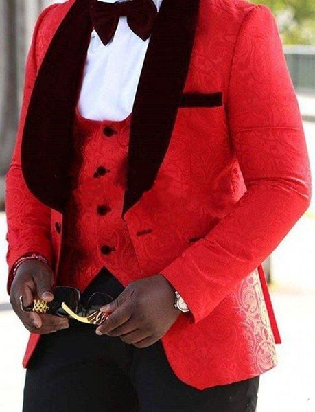 Nueva moda Un botón Rojo Novio Esmoquin Chal Vino Solapa Padrinos de boda El mejor hombre se adapta a los trajes de boda para hombre (chaqueta + pantalones + chaleco + corbata) 819