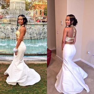 Nieuwe fashionnew Afrikaanse hoge nek wit en goud prom dresses 2016 vloer lengte kristal kralen schattige zeemeermin tweedelige avond prom dresses