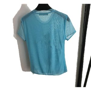 New Fashions designer dames t-shirt high-end doorschijnend kant sexy vrouwen top Hol Strass korte mouw klassiekers Zomer Roze blauw vest luxe mode