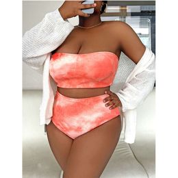 Nuevo traje de baño de Bikini de cintura alta con sujetador teñido naranja de talla grande Sexy de grasa MM P004