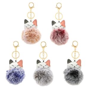 Nieuwe faux konijnenbont sleutelhangers kat pluizige pompom dierenhanger sleutelhangers PU lederen sleutelhanger tas hangende decoratie