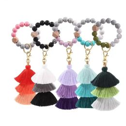 NIEUWE! Voorkeur Siliconen kralen armband Keychain Drie laag katoenen kwast Pols Keyring Bead Bangle Key Ring Women Bag hanger Decoratie FY3422 0202