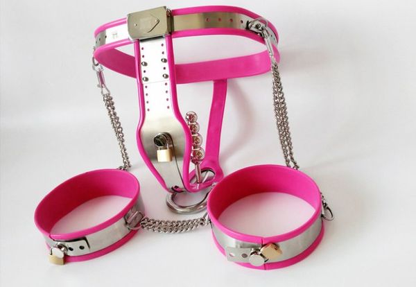 Ceinture de chasteté réglable en acier inoxydable modèle T pour femme, avec bouchon Vaginal et Anal verrouillable amovible + manchette de cuisse, jouet sexuel BDSM