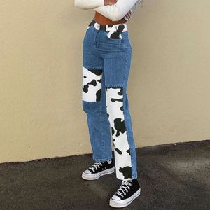 Nieuwe vrouwelijke mode jeans melkpatroon kleurblok street shoot hoge taille veelzijdige casual casual dames rechte been broek afslank pant