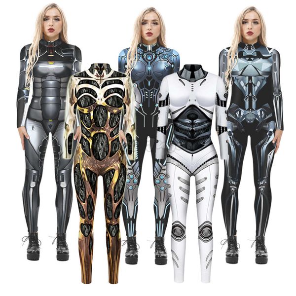 Nueva mujer Halloween miedo futuro tecnología estilo Robot esqueleto hueso estampado mono Sexy mujeres apretado Catsuit disfraces Cosplay