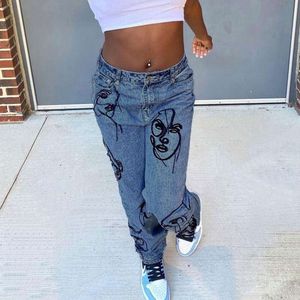 Nieuwe vrouwelijke jeans stijl gepersonaliseerd abstract gezicht borduurwerk hoge taille losse casual broek afslank pant