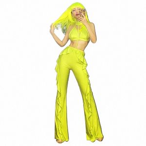 Nouveau Costume de chanteuse féminine Halter Neck Top Flare Pantalon Gogo Dancer Outfit Femmes Bar Discothèque Dj Ds Vêtements Prom Party Wear Set x97b #