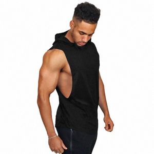 Nieuwe fi cott sleevel shirts gym hooded tank top mannen Fitn Vest Solid Bodybuilding singlets workout tanktop mannen 14bd #
