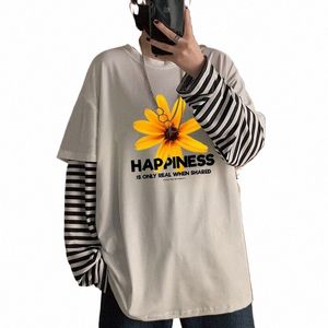 Nouveau Fi Happin Floral T-shirt imprimé Hommes Femmes Classique Lg Manches Faux Deux Pièces Tops Patchwork Rayé T-shirts e8qb #