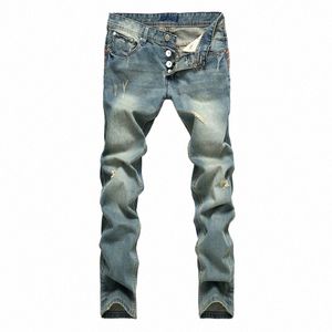 Nouveau Fi Hole Jeans Denim hommes Lg pantalon régulier droit déchiré pantalon distrait Masculino décontracté marque Simple grande taille C73C #
